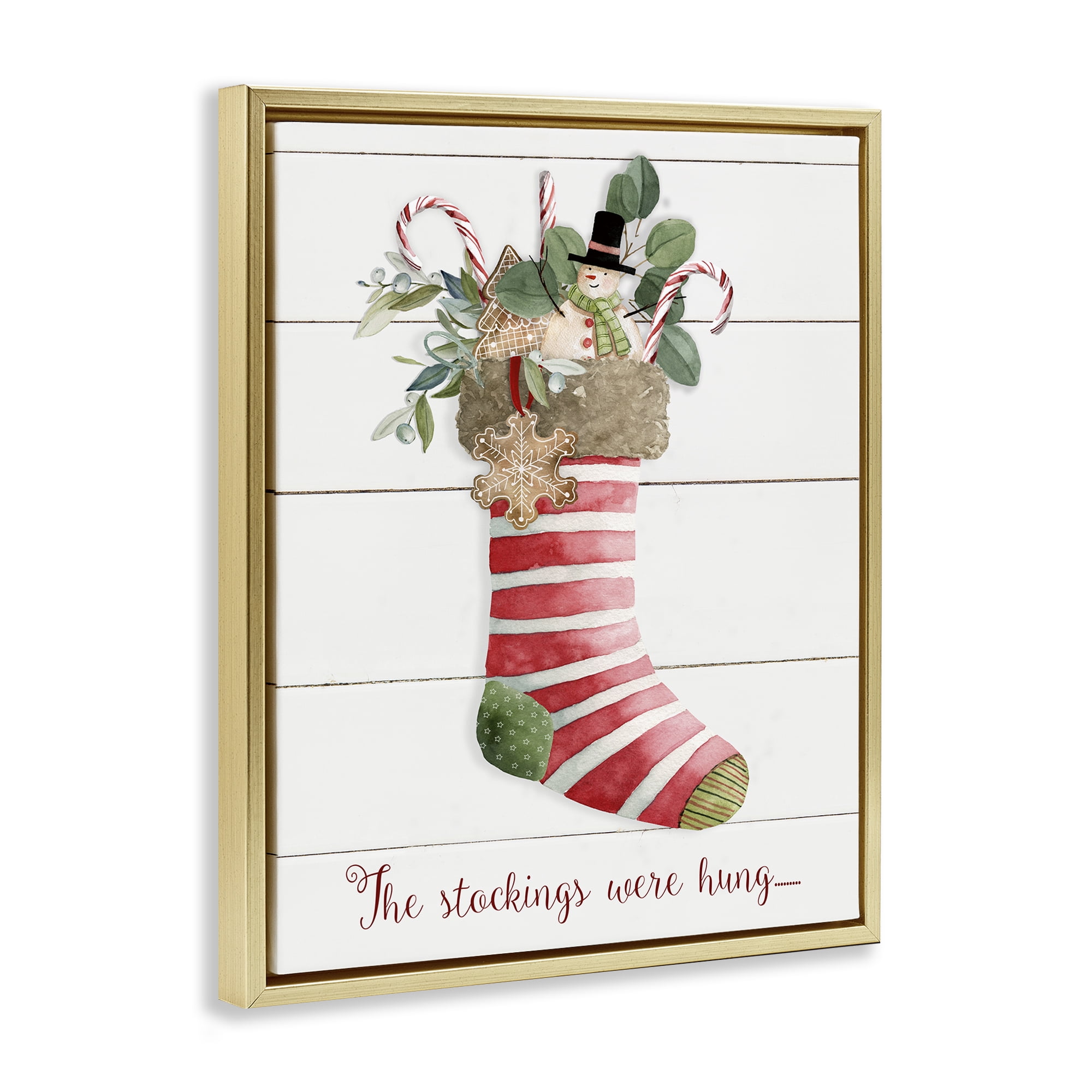 Stupell Industries Striped Christmas Stocking Holiday Painting Gold Floater Framed Canvas Art Prints Wall Art, 25 x 31