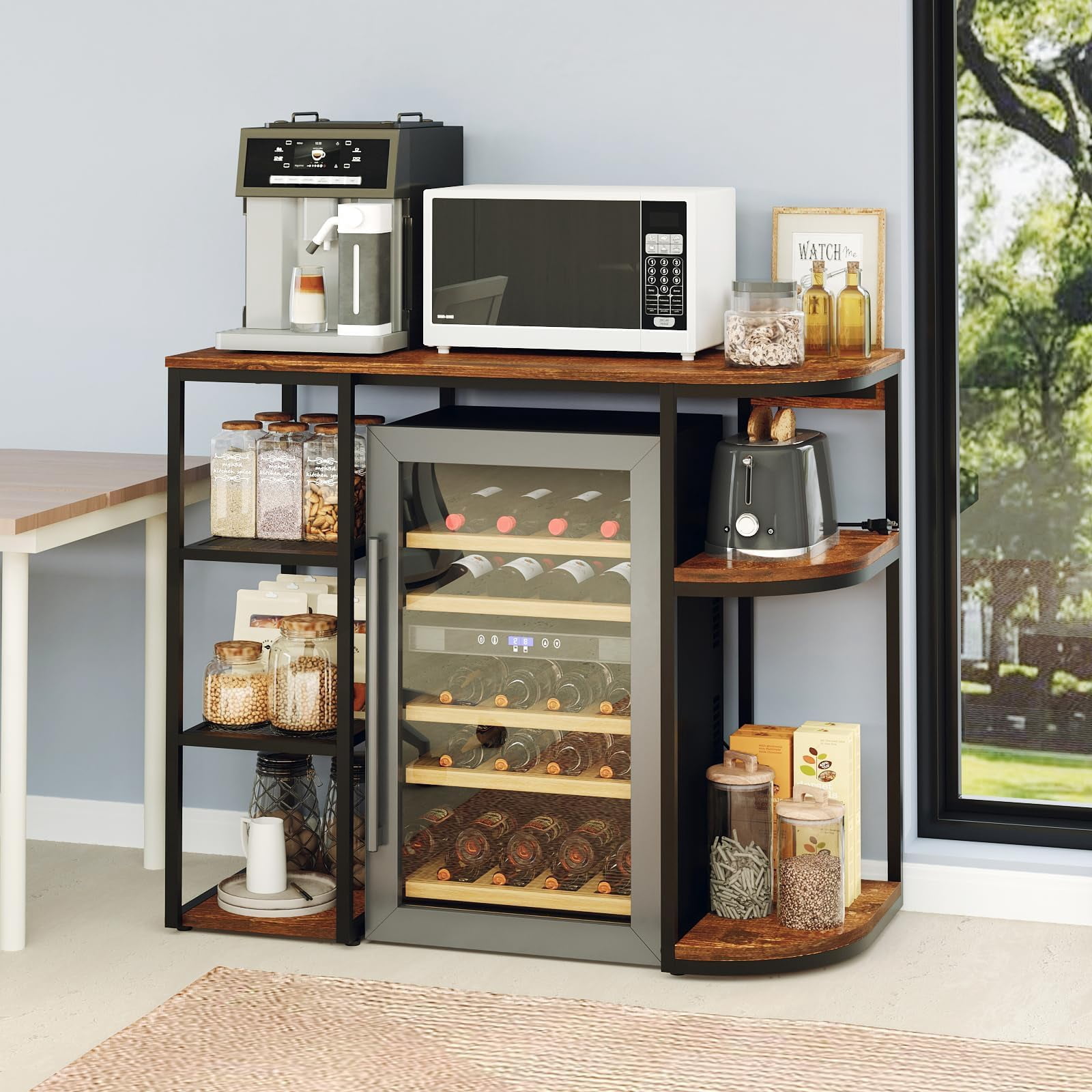 Huisuilinss Mini Fridge Stand With Storage,Kitchen Bakers Rack,6-Tier Coffee Bar Cabinet & Microwave Stand,Mini Fridge Cabinet With 4 Power Outlet And Air Switch For Dorm Office Apartment