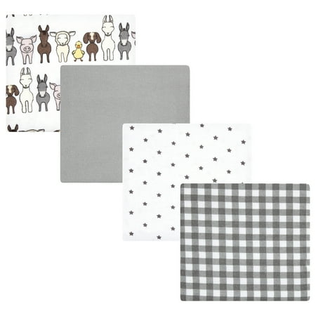 Luvable Friends Hudson Baby Flannel Receiving Blankets 4pk, Farm Pals Gray