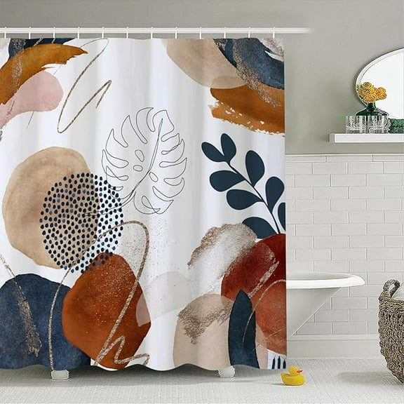 Mid Century Shower Curtain For Bathroom Terracotta Geometric Abstract Modern Minimalist Stall Bathtub Decor Navy Blue Tropical Palm Leaves Boho Fabric Shower Curtains With Hooks 48"W x 72"L