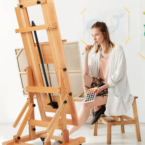YEAHIBABY Heavy Duty Beech Wood Easel with Smooth Rolling Wheels for Painting Studio