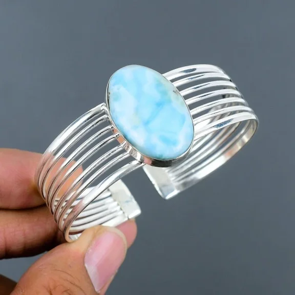 Natural Larimar Gemstone 925 Sterling Silver Jewelry Cuff Bracelet Size-ADJ