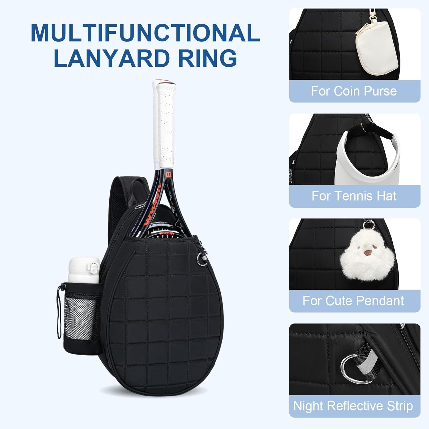 Quilted Tennis Backpack for 2 Rackets, Slim & Lightweight Waterproof Sling Bag for Tennis, Pickleball, Padel, Crossbody Sport Bag for Men & Women