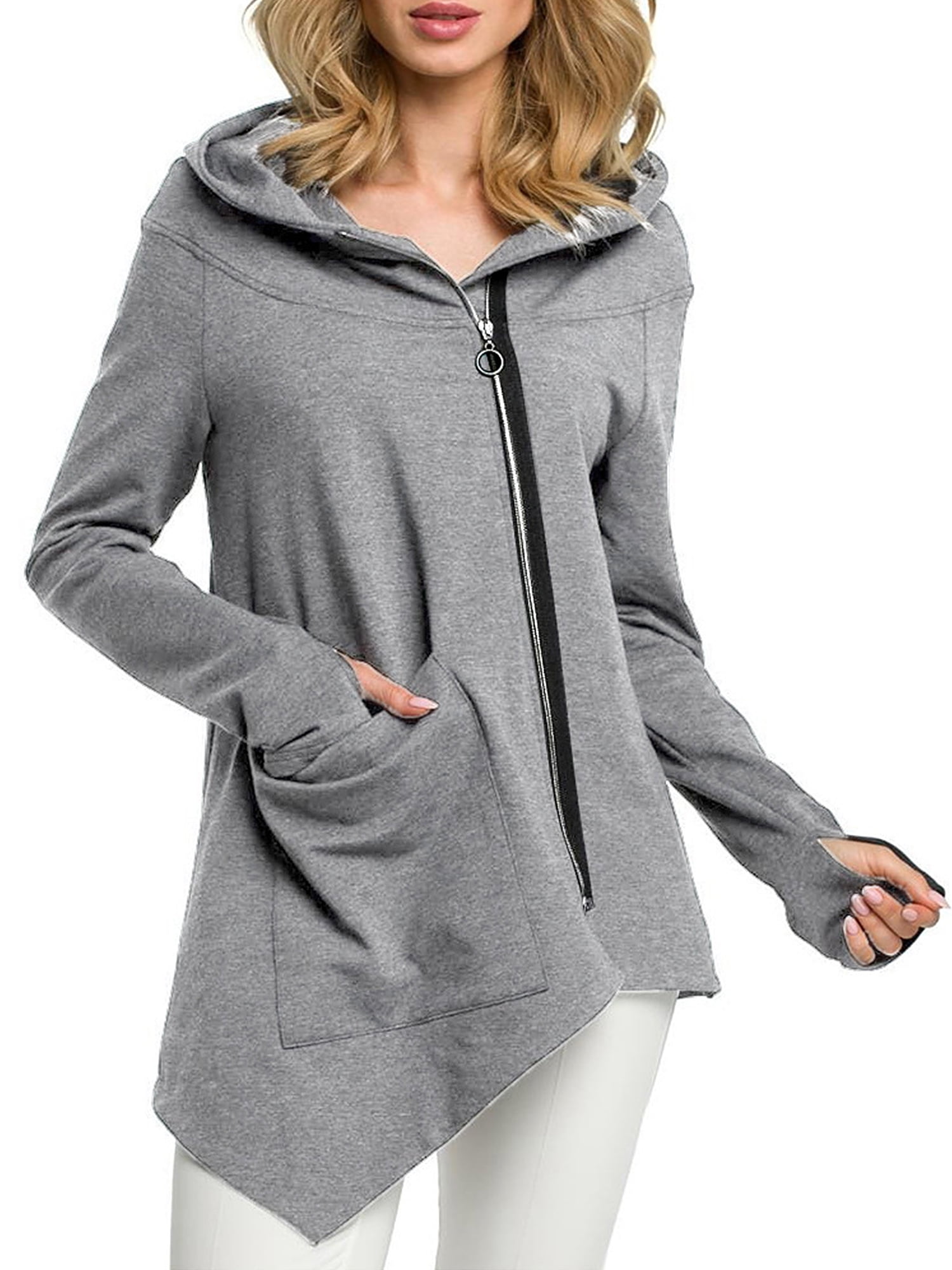 Hoodie Sweatshirts for Women Funnel Neck Color Block Zip Up Sweatshirts Jackets Plus Size Long Hoodie Coat Dress