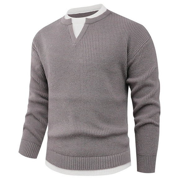 Men's Fake Two Piece Sweater Round Neck Elastic Knit Base Layer Long Sleeve
