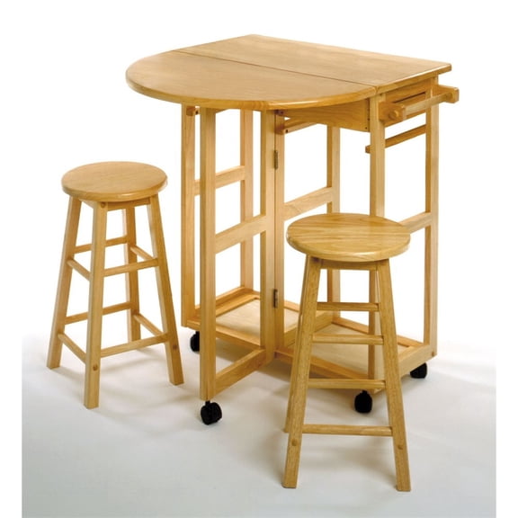 FurniFact 3-Pc Solid Wood Space Saver Dining Set with Drop Leaf Table, Brown