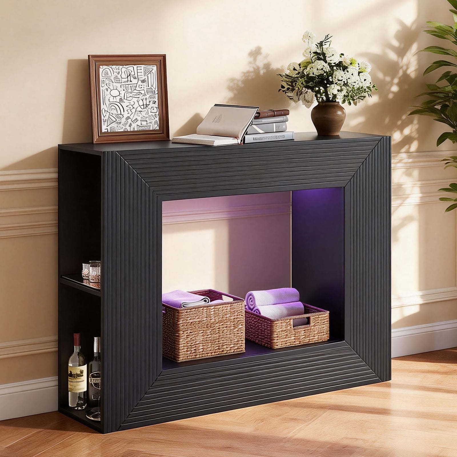 Ktaxon Modern Console Table with LED Light for Entryway, 43" Sofa Side Table with 4 Open Shelves Storage, Farmhouse Display Table Behind the Couch, Black