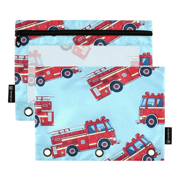ALAZA 2 Pack Pencil Pouch Cartoon Fire Trucks Pencil Case for 3 Ring Binder Clear Window Pencil Bag Organizers