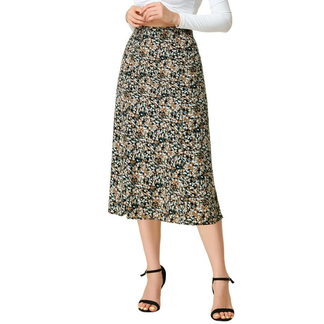 Unique Bargains Jupe Midi Paysanne pour Femme à Taille Élastique, Ligne A, Imprimé Feuilles