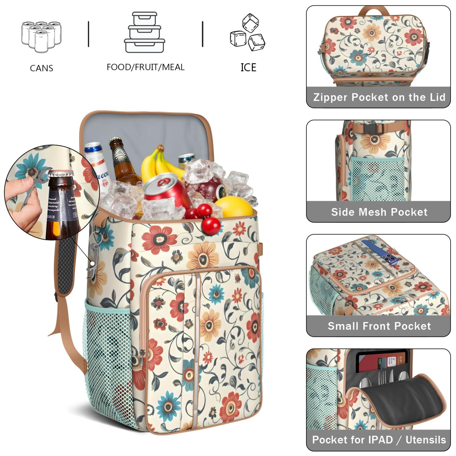 Travel Cooler Bag - Pioneer Flower Floral Print Pattern Camping Beer Cooler Backpack with Bottle Opener- Waterproof Insulated Picnic Backpacks - Cooler Bag for Beach