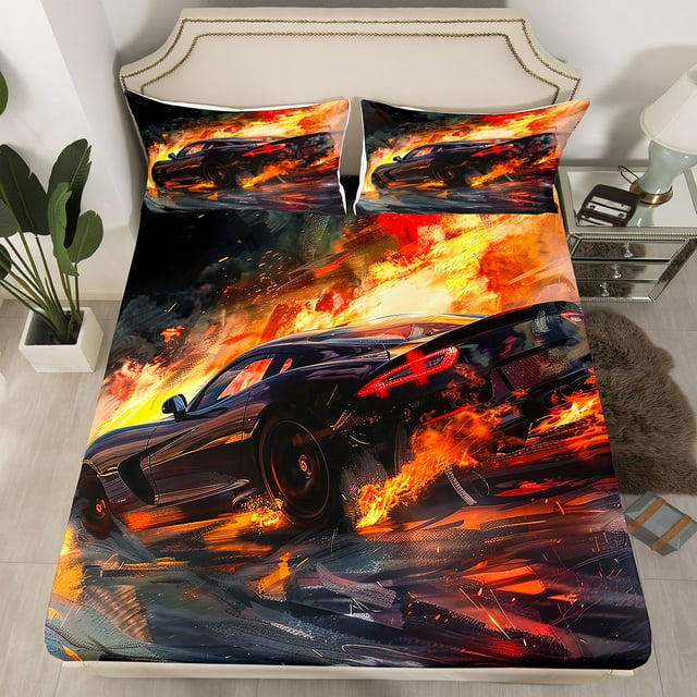 YST Draps de Lit Sport Extrême Vitesse Coureur Drap-Housse Format Simple, Jeux de Course Ensemble de Lit Gamer Literie Voiture de Sport Cool Housse de Lit Flamme de Feu Déco de Chambre Enfants Garçons, Doux 2 Pcs