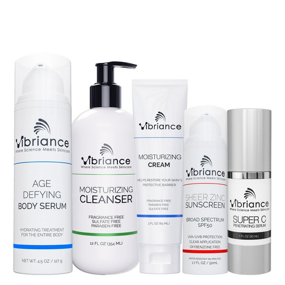 Vibriance Premium Skincare Bundle | Super C All-in-One Serum, Face Cleanser, Moisturizing Cream, Sheer Zinc Sunscreen SPF 50, Age Defying Body Creme - Heal, Hydrate, Protect, Rejuvenate