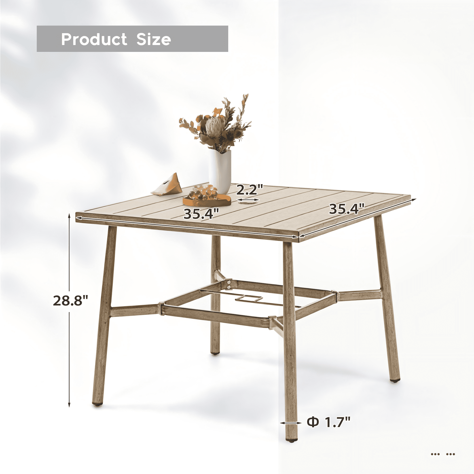 Patio Table for 4 Aluminum Outdoor Dining Table Square with Umbrella Hole Modern All Weather Table for Backyard Garden Deck Poolside, Brown