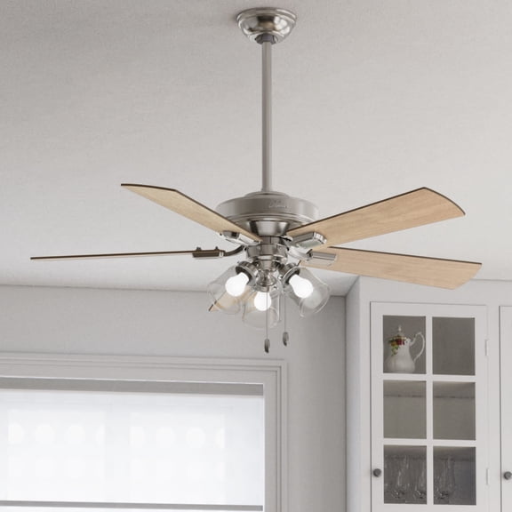 Hunter 52 inch Indoor Ceiling Fan with LED Lights and Pull Chain - Standard Mount Ceiling Fan, 5 Blades, For Bedroom, Living Room, or Kitchen, 3 inch Downrod - Crestfield 54206, Brushed Nickel