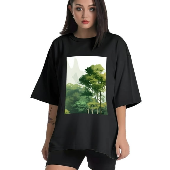 Plus Size Shirt for Women Black Tops for Women Short Sleeves Shirt for Women Trees And Bushes T Shirt Crewneck Shirt for Women XS