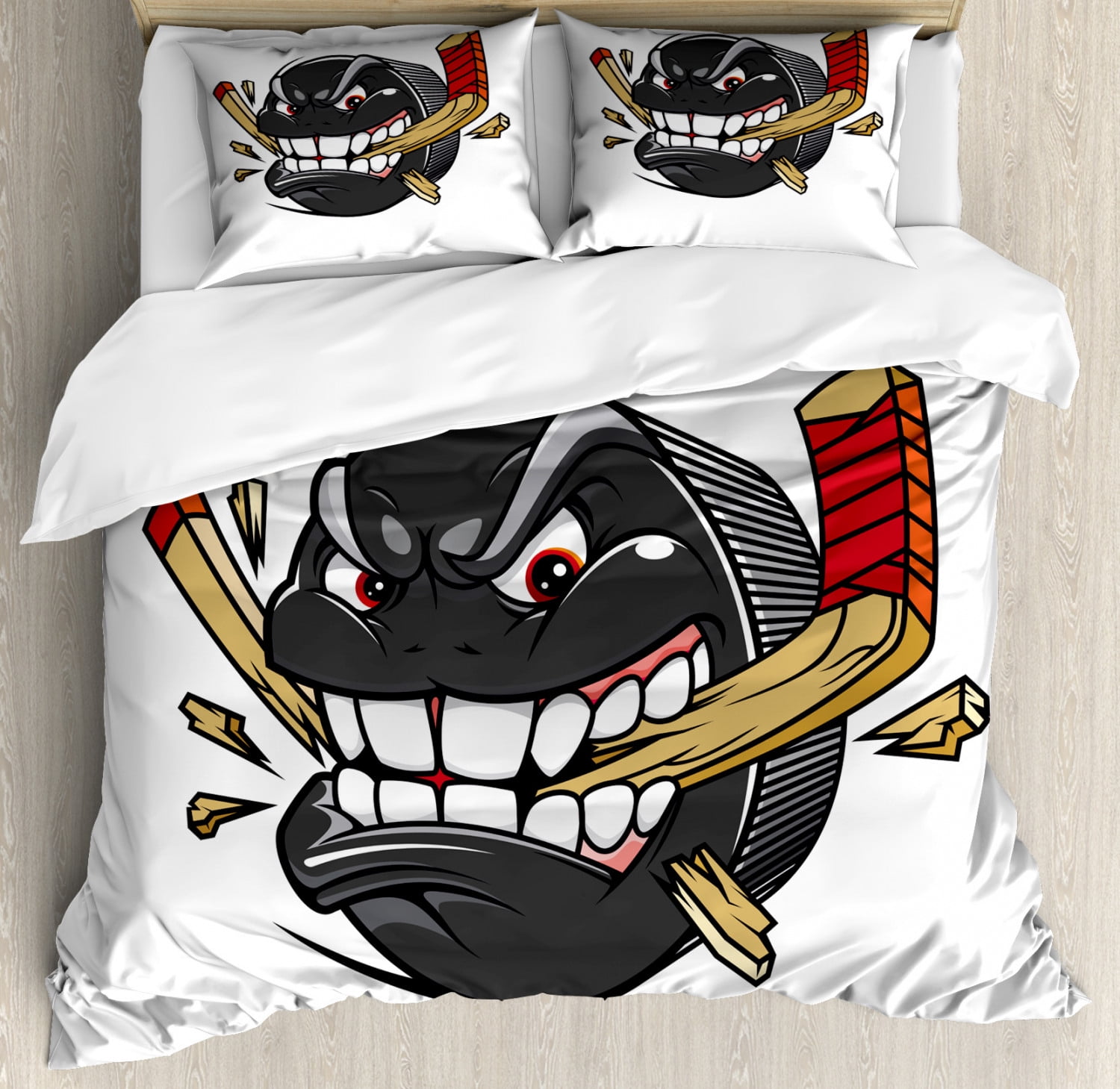 Hockey Duvet Cover Set King Size, Cartoon Hockey Puck Bites and Breaks