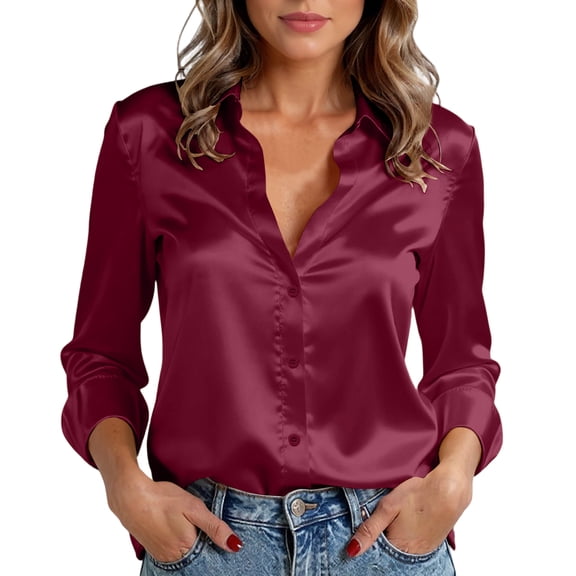 OIOLOYJM Women Satin Silk Button Down Long Sleeve Shirt Dressy Elegant V Neck Loose Blouse Business Casual Work Lapel Collared Tunic Tops Spring Wine L