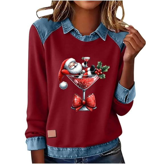 Dgankt Womens Tops Christmas Sweatshirt Women Sweatshirt Merry Christmas Shirt Funny Xmas Long Sleeve Lapel Denim Patchwork Stitching Shirt S-2XL