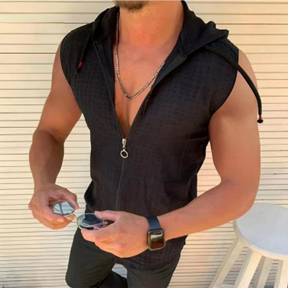 Tank Tops Men's Shirts Plus Size Sleeveless Hooded Neck Muscle Gym Sport T-Shirts with Zipper Summer Casual Pullover Blouse Shirts for Men