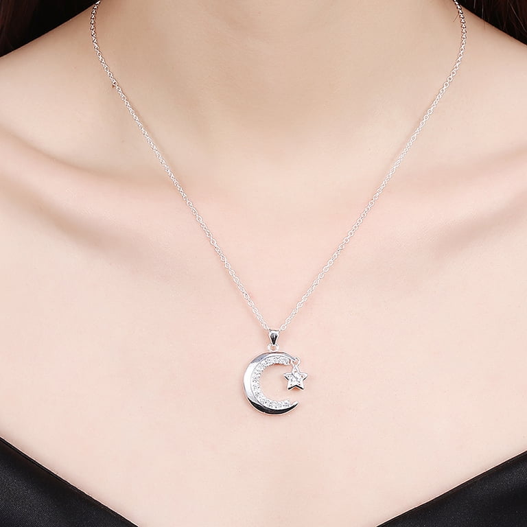 Moon and Star Pendant Necklace Silver Plated With Quality Crystals