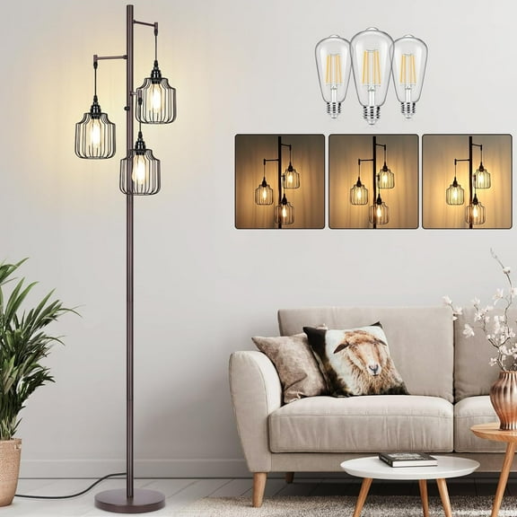Nordic Hygge Dimmable Industrial Floor Lamp with 3 LED Edsion Bulbs, Brown