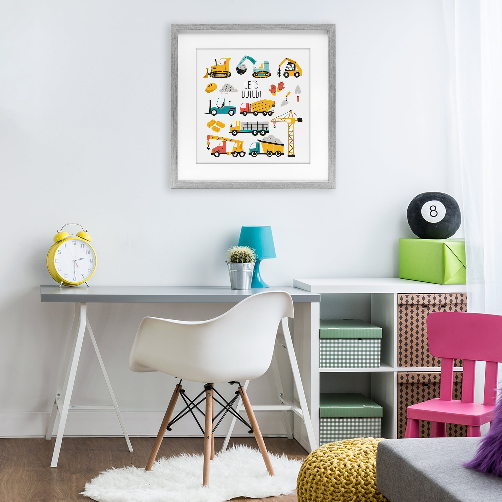 Stupell Industries Let's Build Various Construction Trucks Gray Framed Print Under Glass, design by Creative Studio