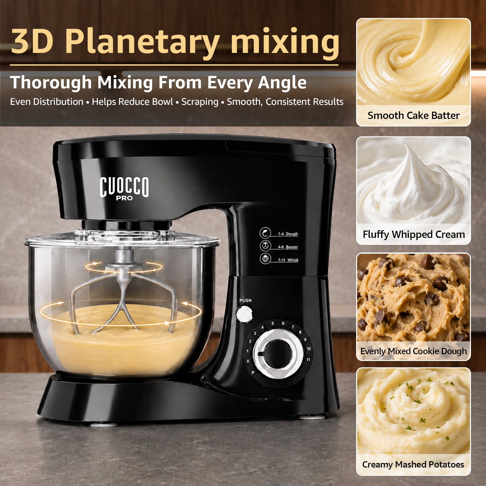 CUOCCO PRO 5.5 Qt Stand Mixer, Mixers for Kitchen, Handles Up to 800g/1.76 lb Dry Flour, 1000W Peak, 11 Speeds + Pulse, Dough Hook, Beater & Whisk for Bread & Pizza, Cake & Cookies