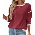thumbnail image 2 of Female Fashion Crewneck Pullover Sweater Casual Color Block Ribbed Knit Tops Loose Fall Tops Wine Red L, 2 of 9