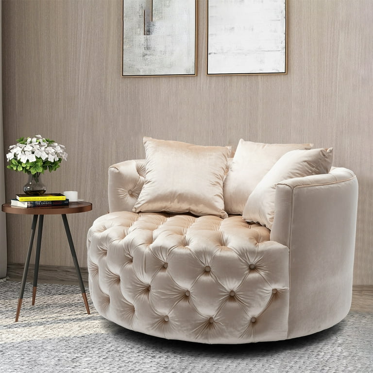 Tufted linen outlet swivel barrel chair