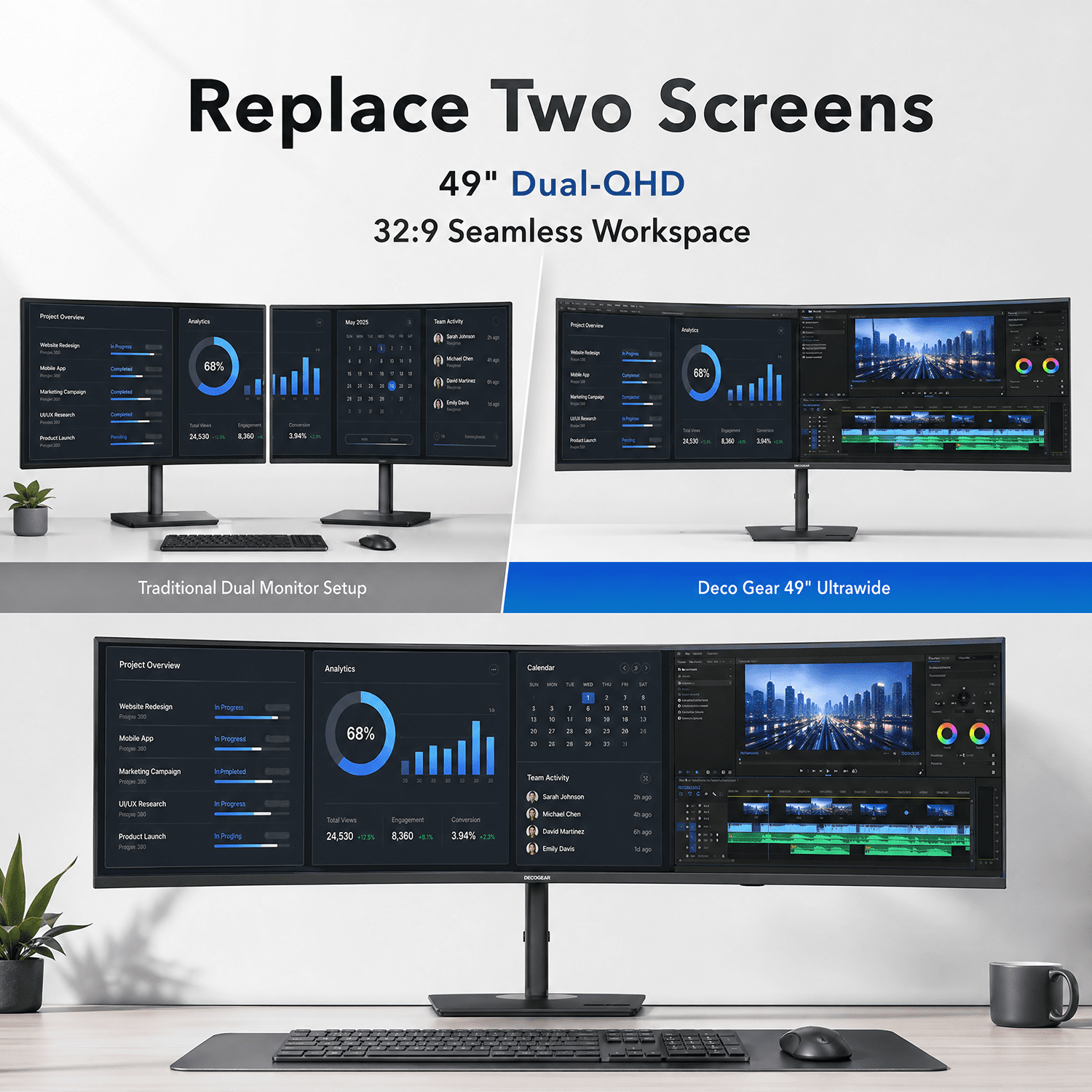Deco Gear 49" Curved Ultrawide DQHD Monitor, 5120×1440, 165Hz, 1ms MPRT, 32:9, 1500R, HDR, Adaptive Sync, USB-C, HDMI 2.1, DisplayPort 1.4, PIP/PBP, RGB Lighting