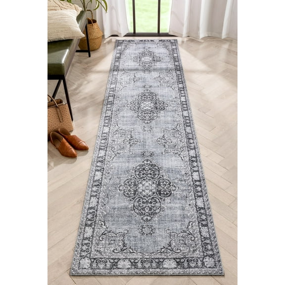 Well Woven Machine Washable Nile Tarifa Grey Vintage Bohemian Medallion Floral Border 2'5" x 9'10" Runner Rug