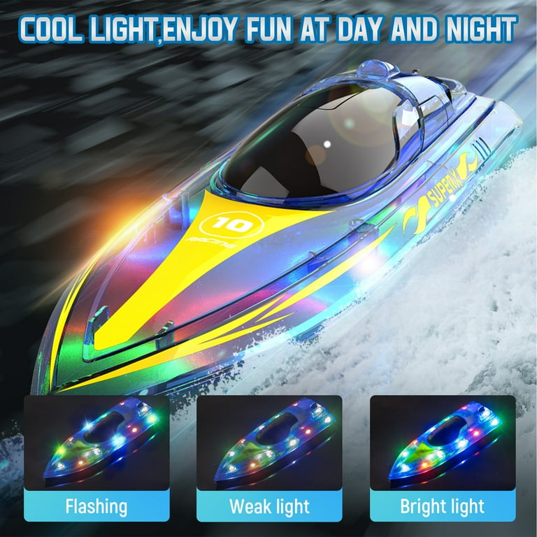 Wisairt RC Boat 15 Km h Remote Control Boat with LED Lights for Pools and Lakes 2.4GHz High Speed RC Boat with 2 Rechargeable Batteries Perfect Summer Water Toys for Ages 10 Blue