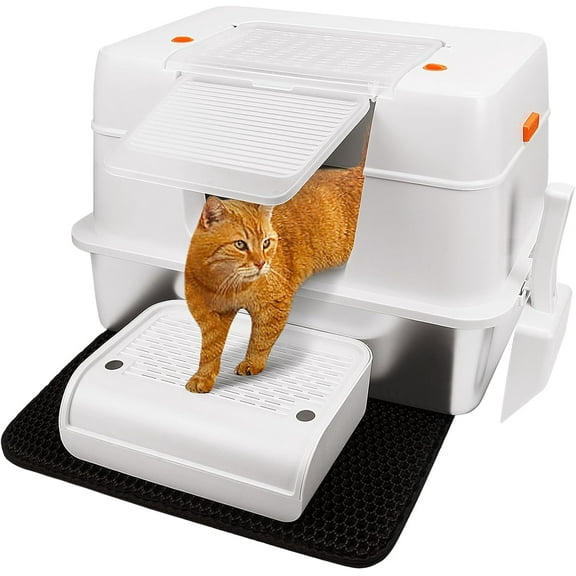 Stainless  Litter Box with Lid, XL Side Entry  Litter Box for Big Cats & Kitty, Removable Enclosed   Pan with High Sided Enclosure, Scoop, Mat, Footboard (Beige)