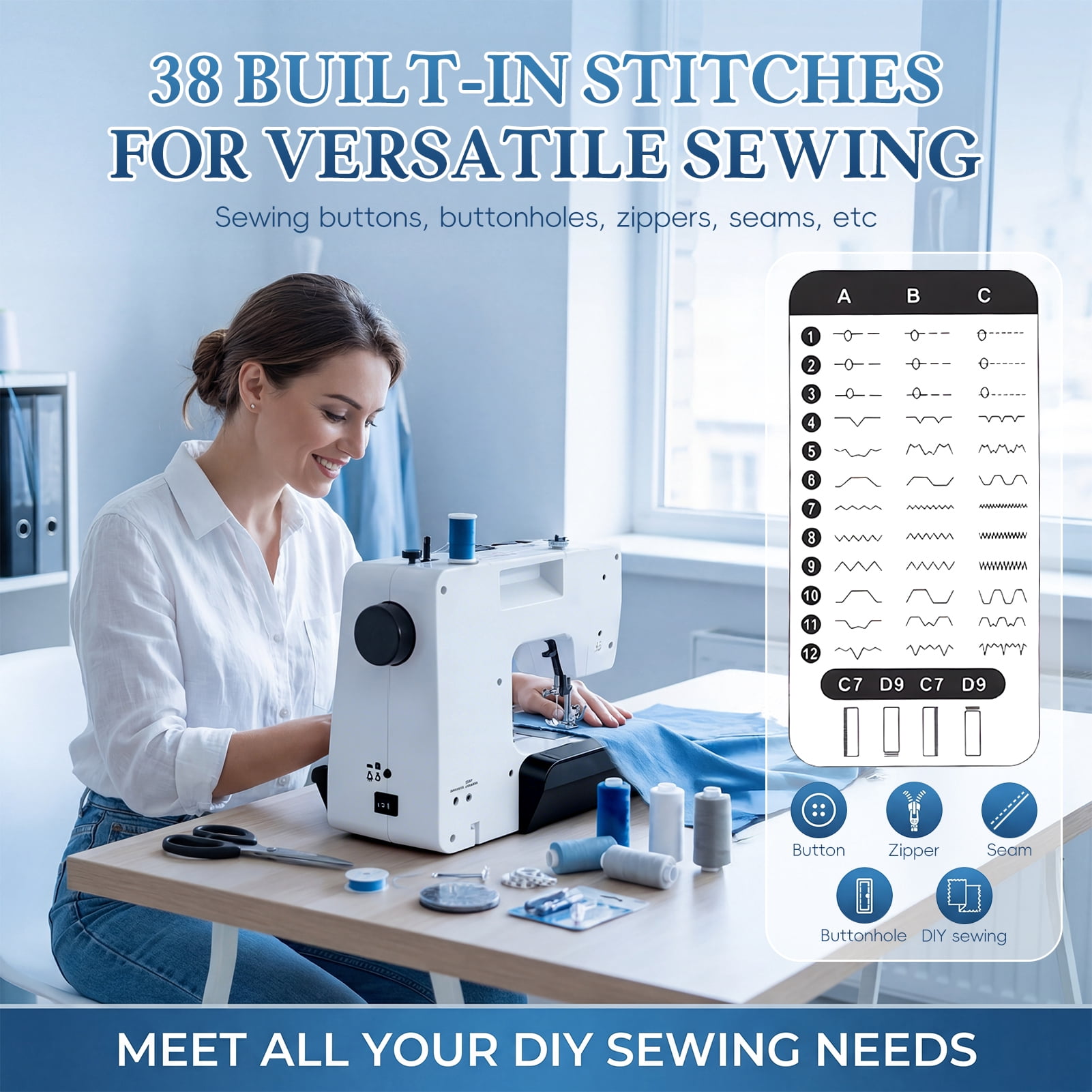 Household Sewing Machine, Small Electric Sewing Machine, 38 Built-in Stitches, Two Speeds, LED Light, Sewing And Quilting Machine for Home Use, Small Spaces