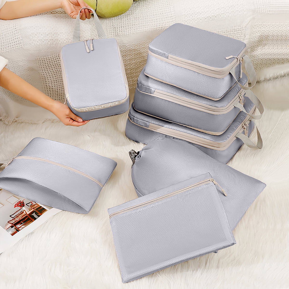 Compression Packing Cubes for Suitcase, 12 PCS Travel Luggage Packing Organizers Waterproof Travel Essentials Bag Clothes Shoes Cosmetics Toiletries Storage Bags for Travel, Gray
