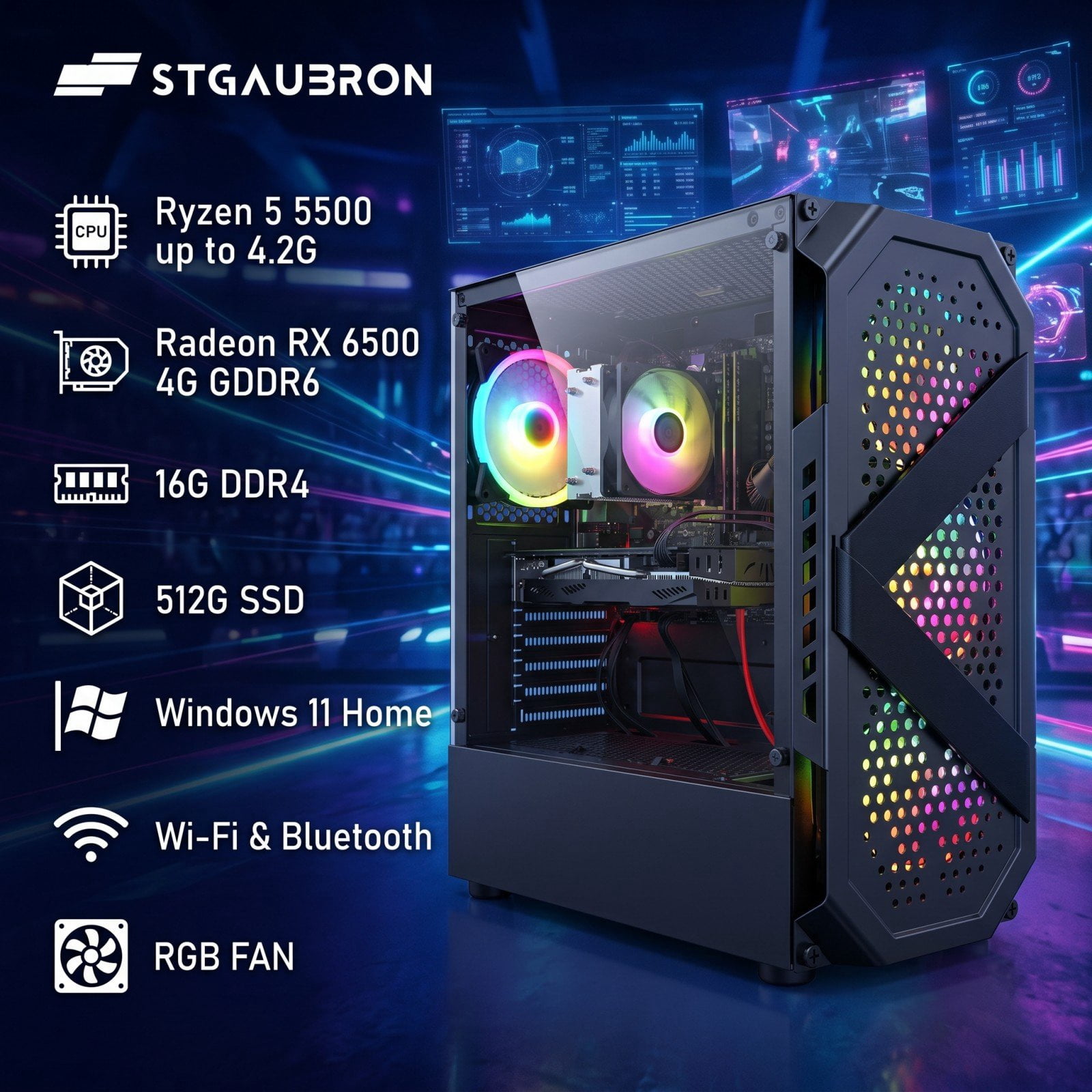 STGAubron Gaming PC Desktop, AMD Ryzen 5 5500, RX 6500 4G, 16G DDR4, 512G SSD, WiFi 6, BT 5.2, RGB Fan x4, Win 11 Home