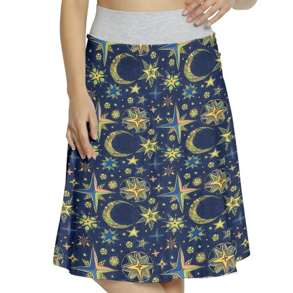 Women's Modern Starry Sky Crescent Moon A-line Printed Skirt Casual Wear, M, Lime Green Dark Brown, by Ambesonne