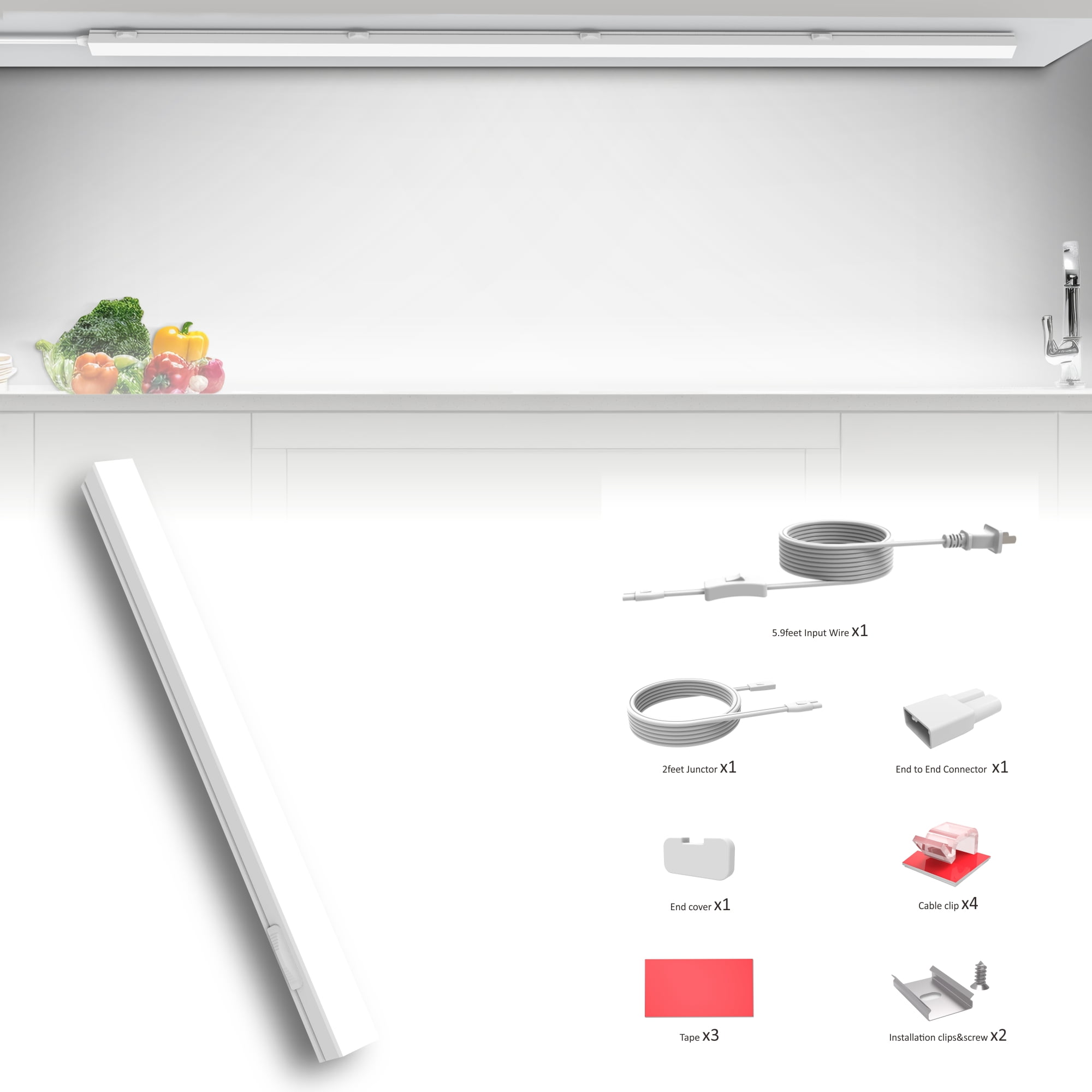 Leetdud Under Cabinet Lighting Plug In, 16'' 1pc,3 Color 3000K/4000K/5000K,Linkable AC120V Ultra Slim, Super Bright Under Counter Light For Kitchen, Cupboard, Sink Light, Shelf Light