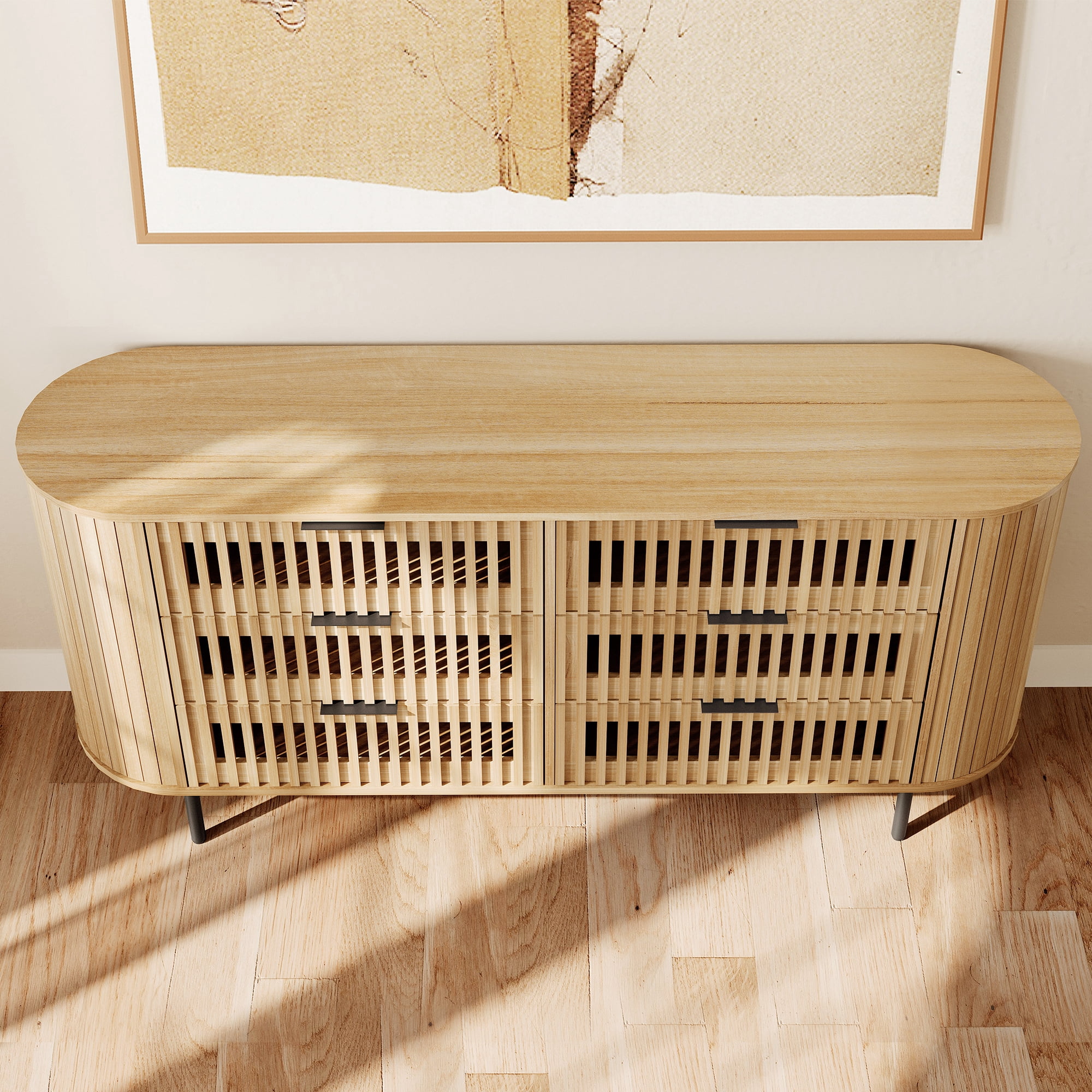WAMPAT Fluted Dresser TV Stand for 70 Inch TV, Mid Century Modern Entertainment Center with Drawers, Oak