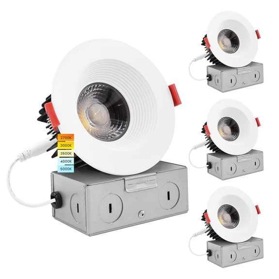 Luxrite 4 inch LED Recessed Lighti J-Box 15W 5 Color Selectable Dimmable Wet Rated IC Rated Baffle Trim 4-Pack