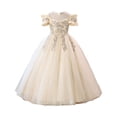 thumbnail image 2 of Girls Formal Tulle Princess Dress, Elegant Puffy Net Dress for Flower Girl Junior Bridesmaid, Wedding Birthday Party Special Occasion Gown Age 3Y-14Y Beige 110, 2 of 9