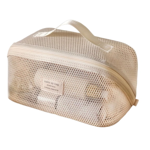 WeDecorBay Gauze Make-up Bag Large-capacity Stylish Portable Cosmetic Organizer Smart Partitioning Versatile Toiletry Pouch Travel Accessory Makeup Storage Beige