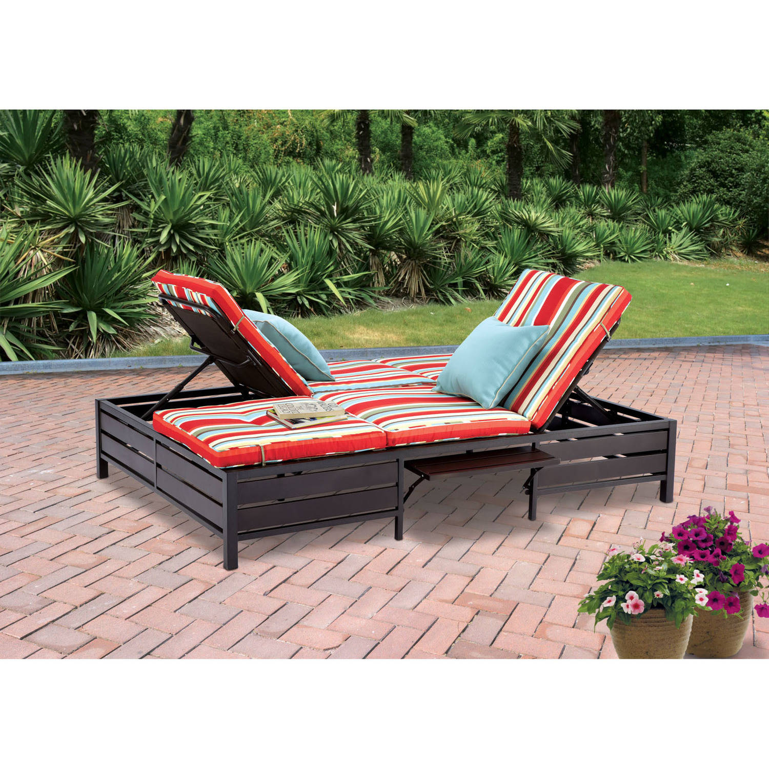 Mainstays Double Chaise Lounger with 3 Adjustable Positions, 2 Pop-up Side Tables – Seats 2