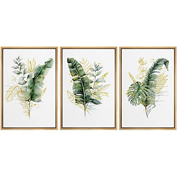 IDEA4WALL Framed Wall Art Print Set Green Yellow Pastel Forest Plant Variety Nature Illustrations Modern Decorative Chic for Living Room, Bedroom, Office - 24"x36"x3 Natural