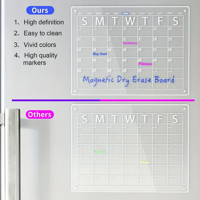 Acrylic Magnetic Monthly Calendar for Fridge, 16”×12” Acrylic Dry Erase Calendar Clear Board, Monthly Magnetic Calendars Board for Refrigerator