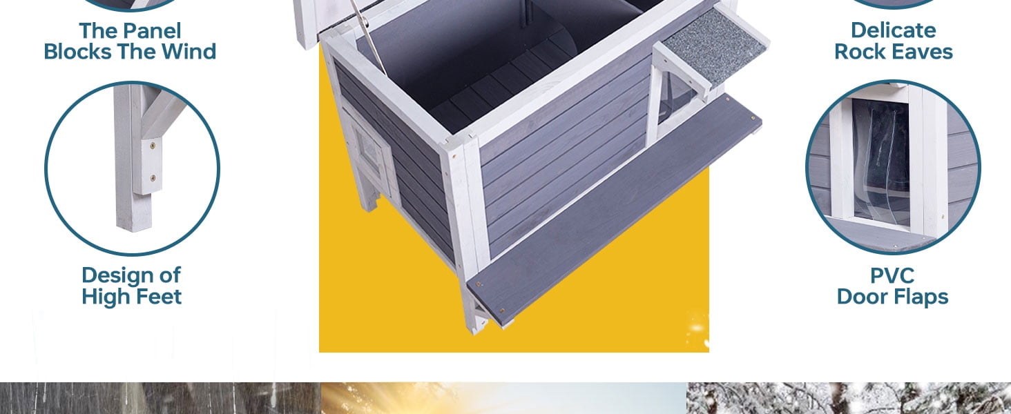 Insulated Cat House Outdoor Weatherproof, Feral Cat Shelter for Winter, Large Wooden Enclosure