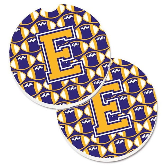 Letter E Football Purple & Gold Set of 2 Cup Holder Car Coaster