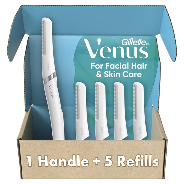 Kit de herramienta de dermaplaning Gillette Venus, 5 hojas de recambio, eliminador de vello facial y pelusilla, con rasuradora de cejas y facial