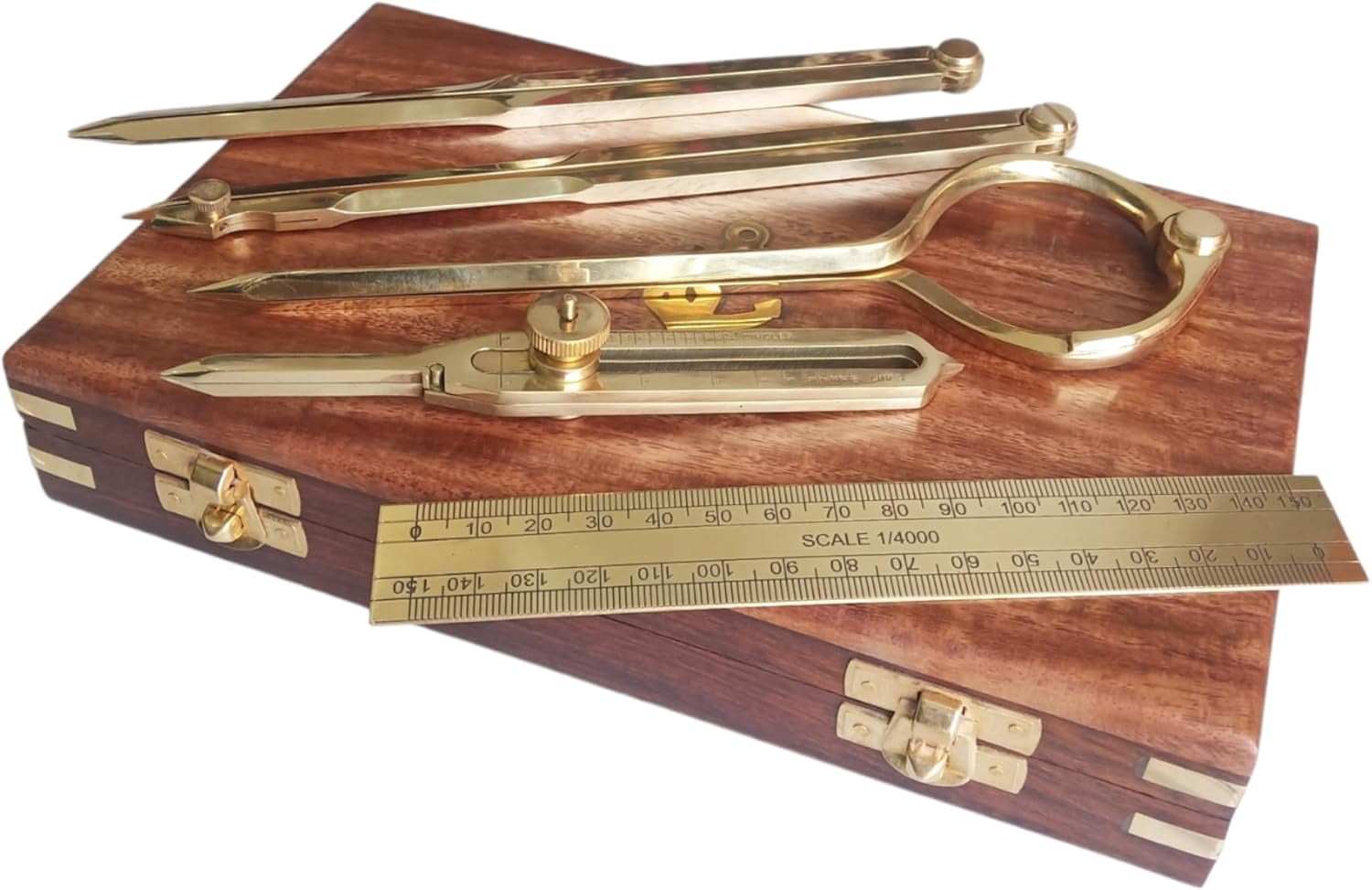 Proportional Divider Set of 5, Full Brass dividers with Executive Handmade Leather Roll Tools Bag, Single Handed 8" Brass Navigation Dividers Compass Set for Maritime, Naval, Geometry and Drafting.