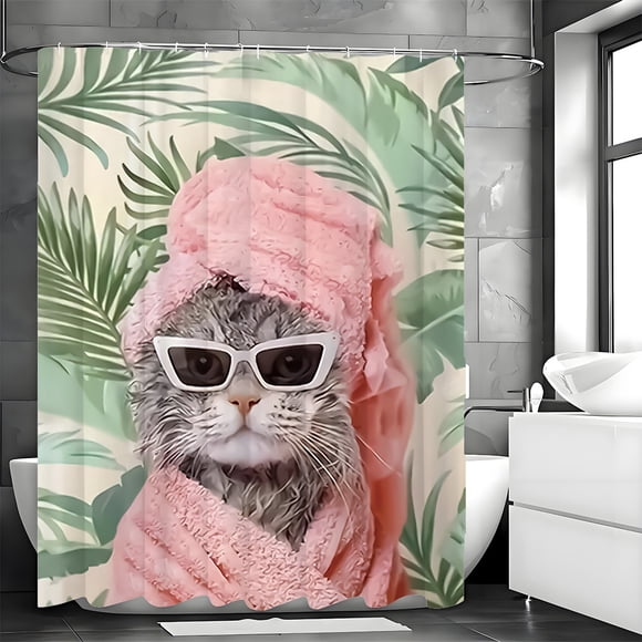 Cortina de ducha Trendy Cat con diseño de toalla y gafas de sol